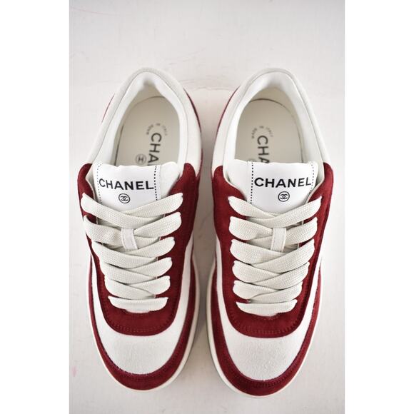 Chanel 23P Burgundy Suede White CC Logo Flat Lace Up Runner Trainer Sneaker 37 - Picture 11 of 15